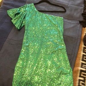 One shoulder teal sequin dress